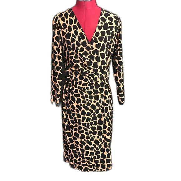 Anne Klein Dress Women’s Size 4 Animal Print Faux Wrap Gold Hardware 3/4 Sleeve - Picture 1 of 7